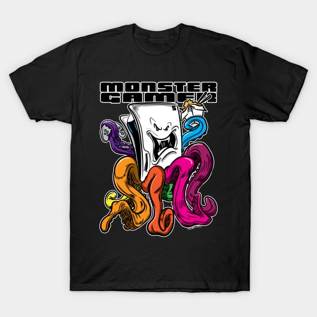 Monster Gamer Console with rainbow tentacles with take out Asian food container and chopsticks. T-Shirt by eShirtLabs